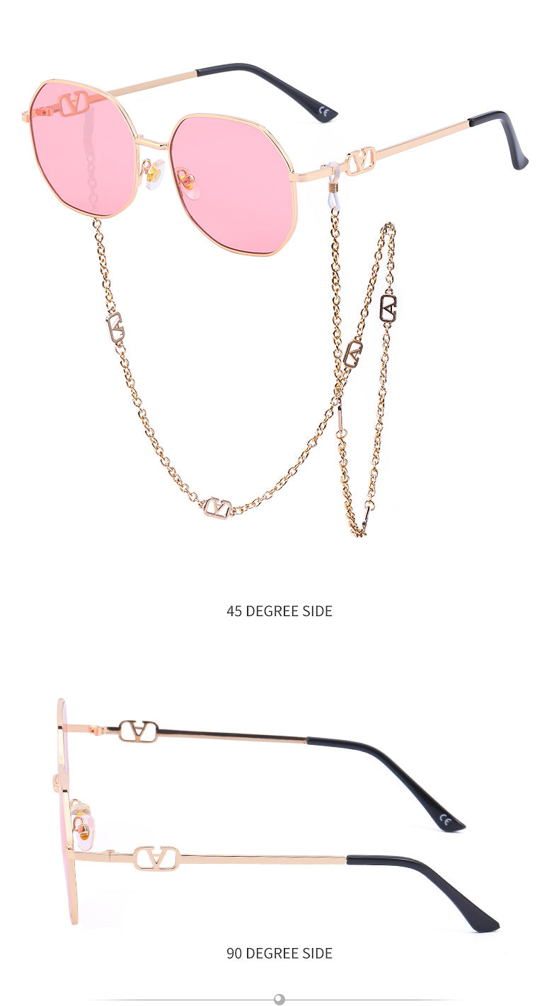 Chain Sunglasses for Women, Internet Celebrity Style, Anti-Drop Chain, Irregular Polygonal Full Frame Sunglasses for Women, Trendy
