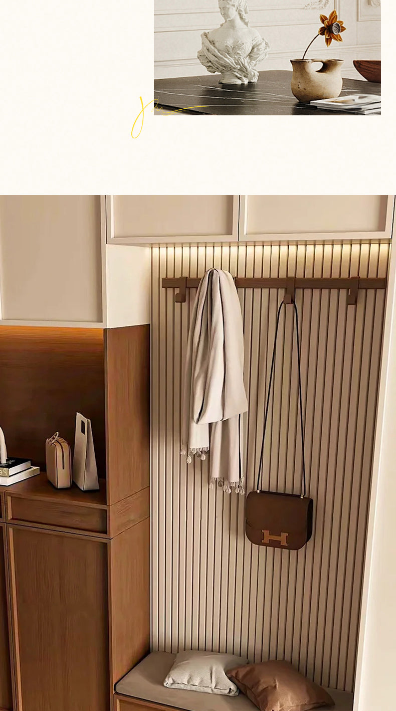 Meikexin French Style Solid Wood Entryway Shoe Rack and Coat Rack with Shoe Changing Stool, Multi-Functional Integrated Wall-Mounted Whole House Customization System