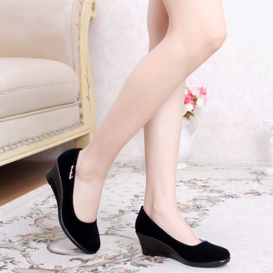 Spring and Autumn Old North Cloth Shoes Women's Shoes Single Shoes Wedge Flat Hotel Workwear High Heel Black Work Shoes Dance Shoes Women