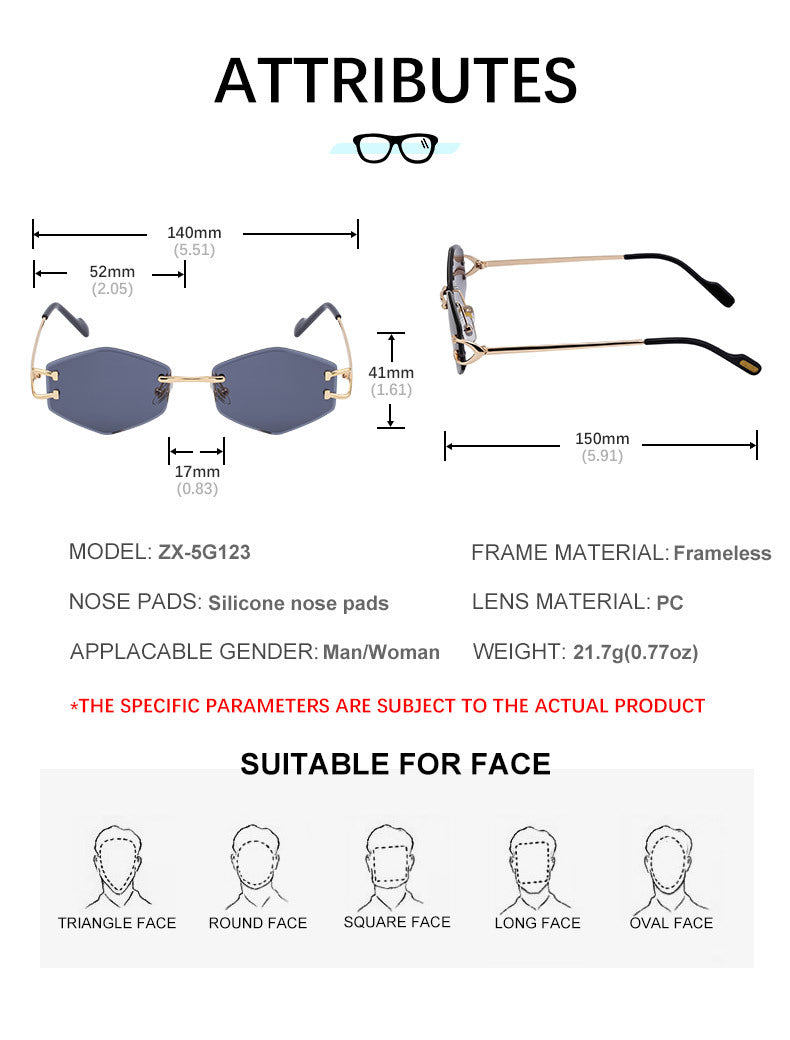 2025New European and American Fashion Frameless Sunglasses for Women with Metal Temples Trendy Outdoor Street Style Sunglasses for Women