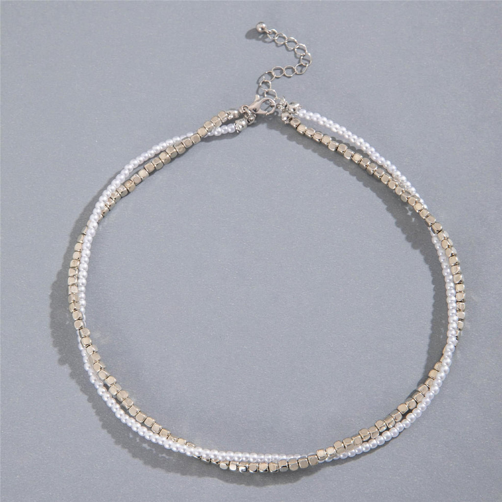 European and American Ornament  Simple Versatile Japanese and Korean Fresh Style Beaded Sugar Cube Round Bead Pearl Necklace Wholesale