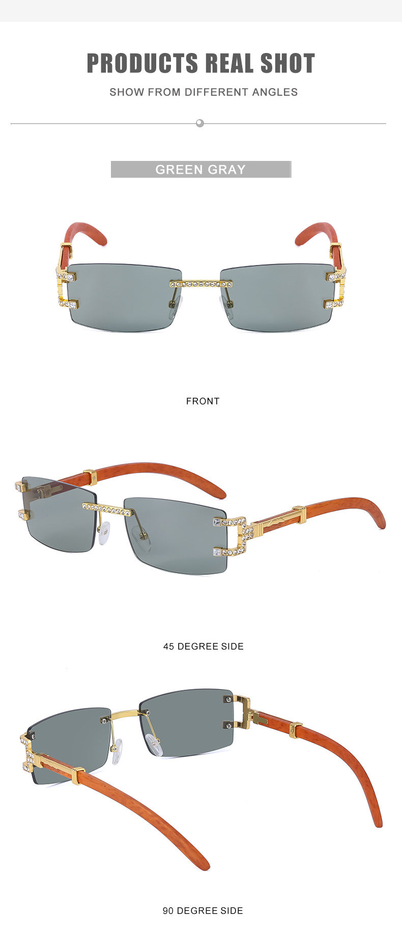 Imitation Wood Grain Leg Retro Sunglasses for Men Fashion Trend Diamond-Studded Rimless Sunglasses Men's Sun Protection Square Frame Glasses Street Style