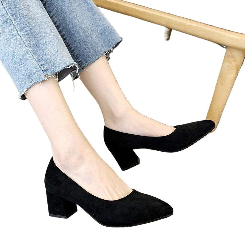Etiquette Black Large Size High Heels Shallow Mouth Pointed Toe Non-Chafing Single Shoes Women Chunky Heel Professional Versatile Mid-Heel Work Shoes