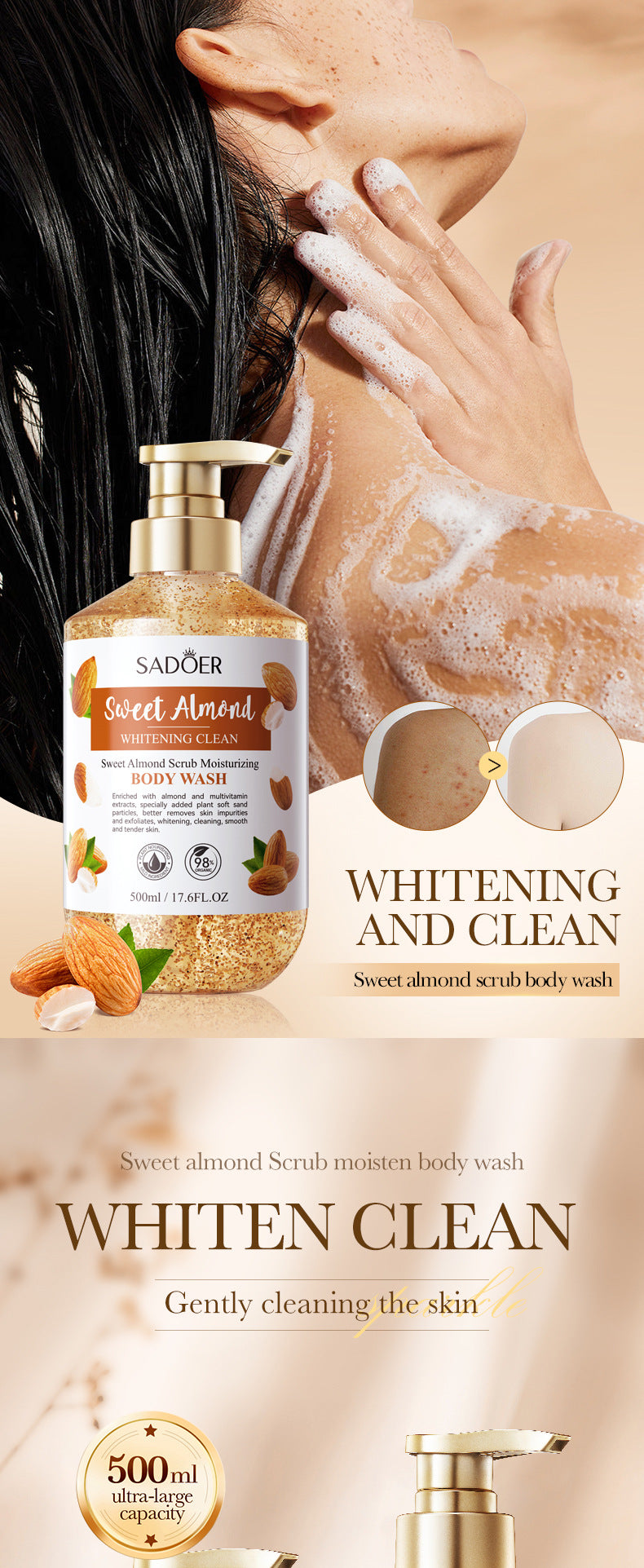 Full English Sweet Almond Whitening Scrub Body Wash500ml SADOER  foreign trade wholesale of cleansing body wash
