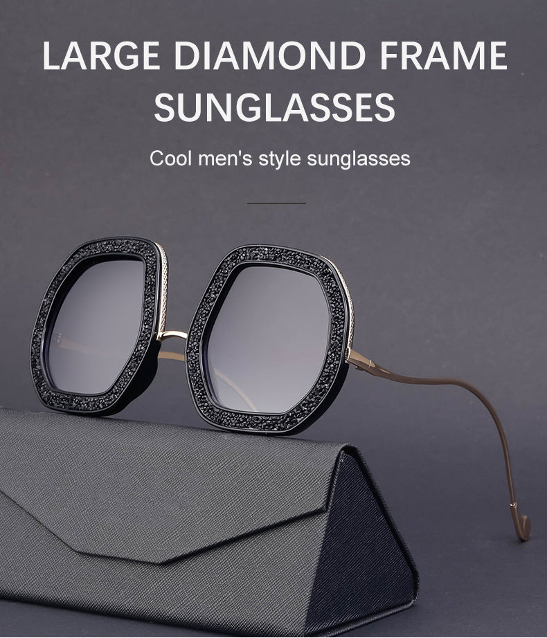 European and American Style Women's Sunglasses with Rhinestones, Irregular Polygonal Large Frame Sunglasses, Trendy High-End Glasses Wholesale