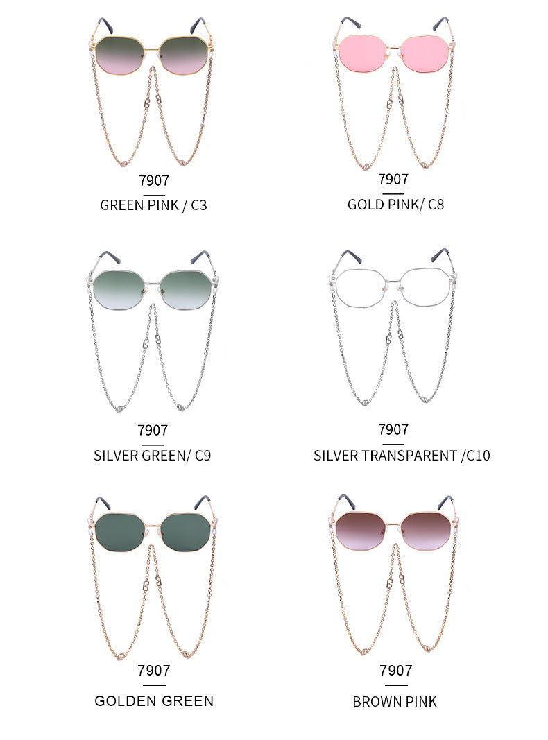 Chain Sunglasses for Women, Internet Celebrity Style, Anti-Drop Chain, Irregular Polygonal Full Frame Sunglasses for Women, Trendy