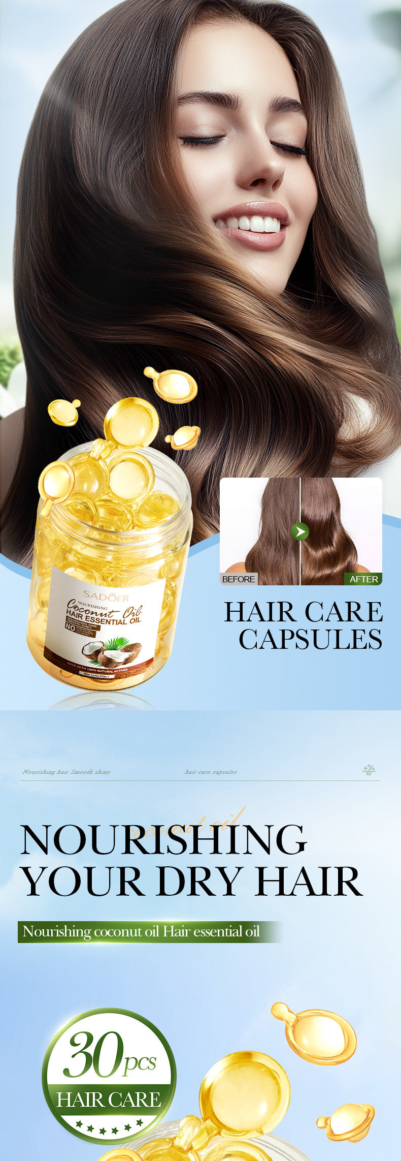 Full English Coconut Oil Smooth Conditioner SADOER Nourishing and Smooth Hair Care Essential Oil Capsules  Wholesale