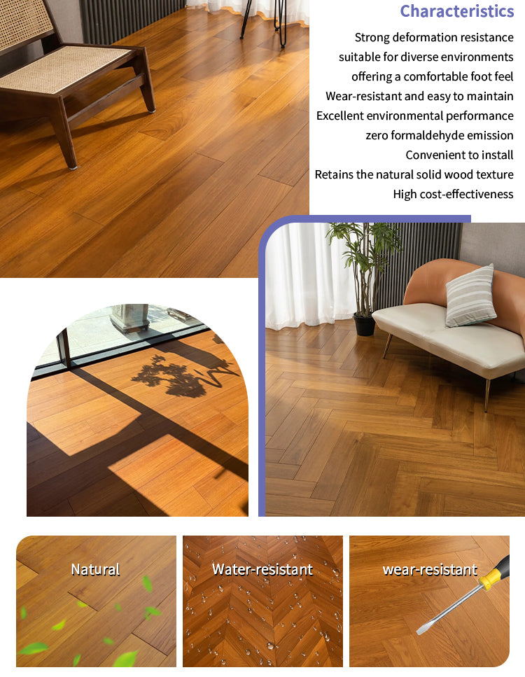 Customizable 12mm Solid Wood Engineered Teak Flooring UV Finish Three Layer Luxury Villa Hotel Basement Interior Exterior