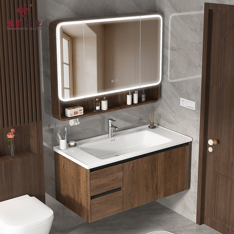 Aluminum Alloy Double Drawer Waterproof Wash Basin Bathroom Set Ceramic Integrated Basin Custom Cabinet