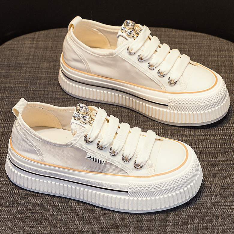 Korean style mesh breathable thick-soled white sneakers for women2025Summer new thin versatile rhinestone sports casual sneakers