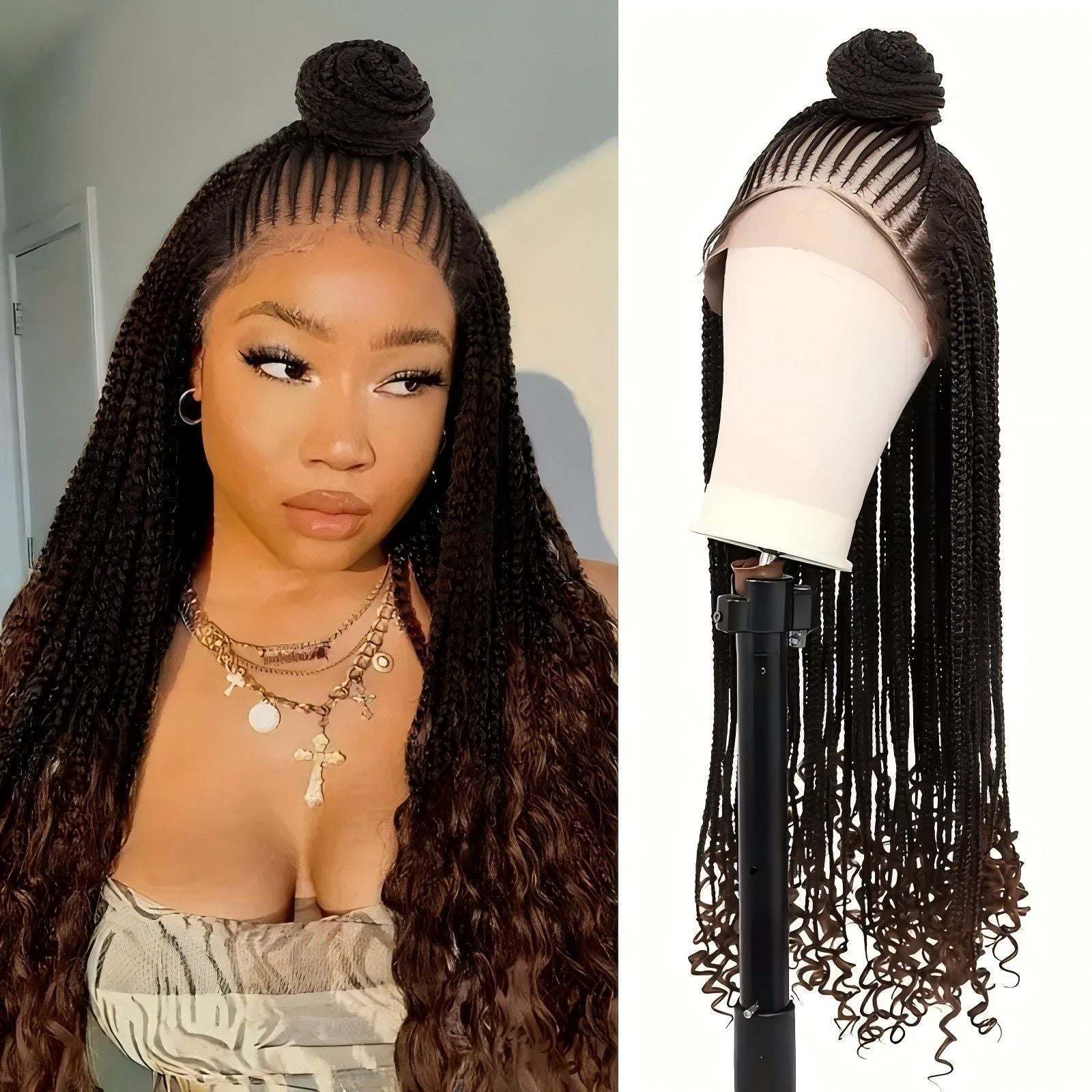 Cross-Border Crochet Hair Wig Three-Strand Braid Tail Flower Braided Braid Curly Dreadlock Hair Extensions Box Braids Full Lace