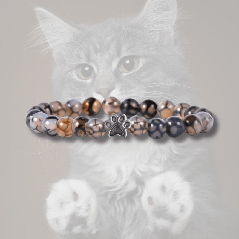 Animal Paw Print Bracelet Women's Natural Stone8mm Beaded Black Weathered Volcanic Stone White Pine Cat Claw Bracelet