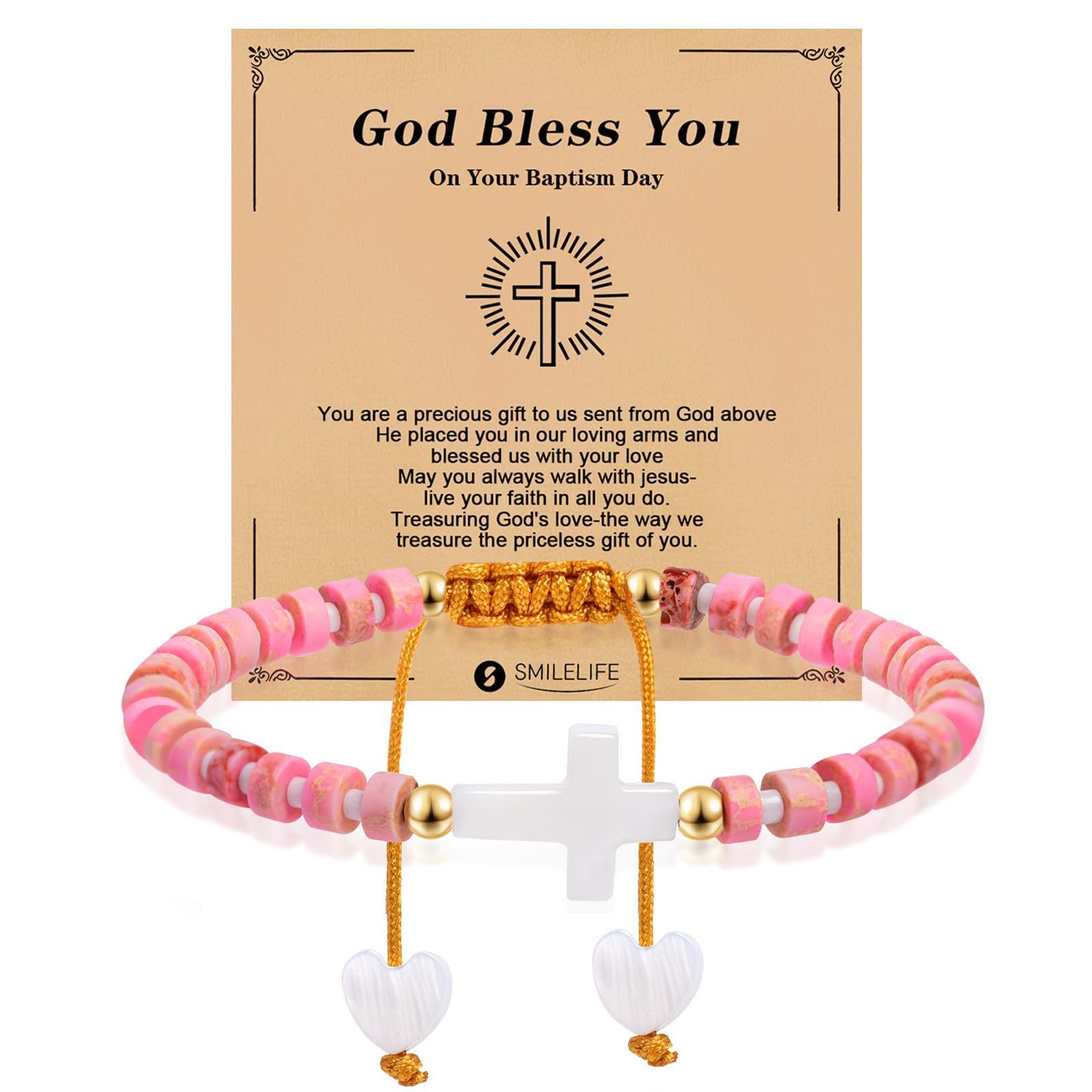Women's Handmade Woven Bracelet with Heart Pendant, Spacer Beads, Gold Beads, Blessing Card, Stretchable Cross Woven Bracelet