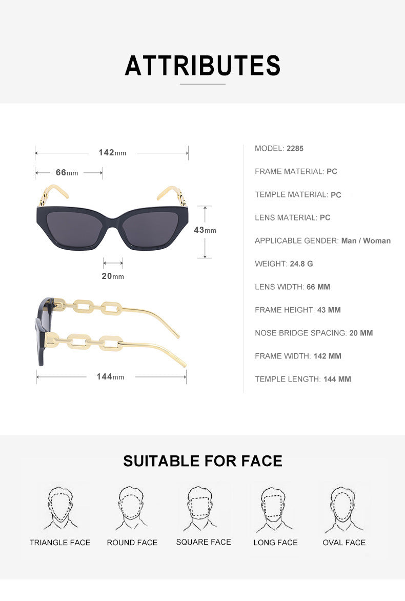European and American Small Frame Cat Eye Sunglasses for Women, New High Altitude Style, Internet Celebrity Thick Chain Sunglasses, Trendy Women's Glasses Wholesale