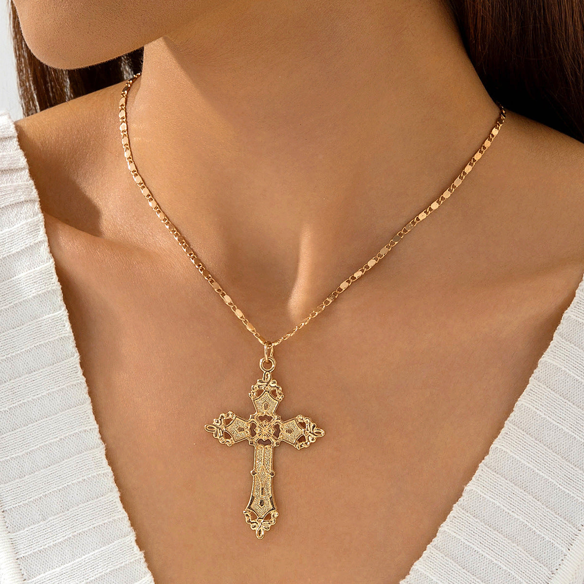 European and American Retro Hollow Diamond Cross Pendant Necklace Gothic Style Black Layered Wear Y Type Necklace