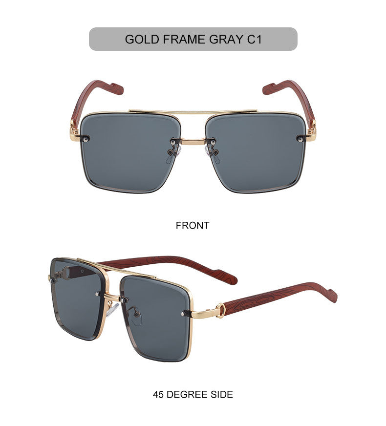 2025New European and American Fashion Square Frame Sunglasses for Men Retro Imitation Wood Grain Temple Double Bridge Sun Protection Sunglasses for Men