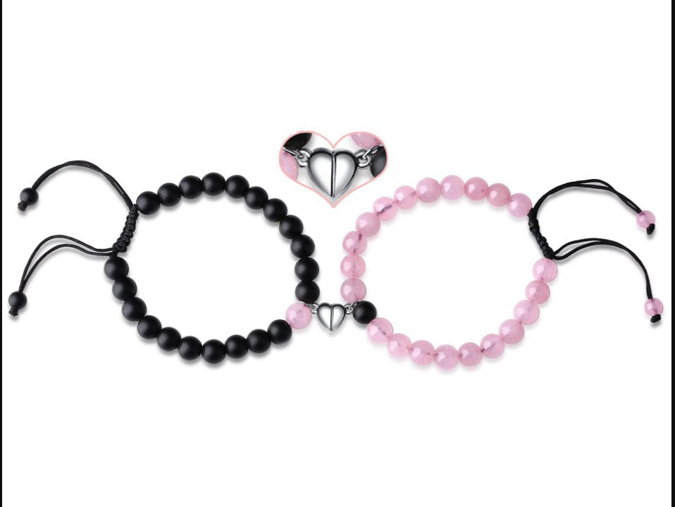 New Couple Card Bracelet Pink Quartz Volcanic Stone White Pine Heart Magnet Pink Quartz Couple Bracelet
