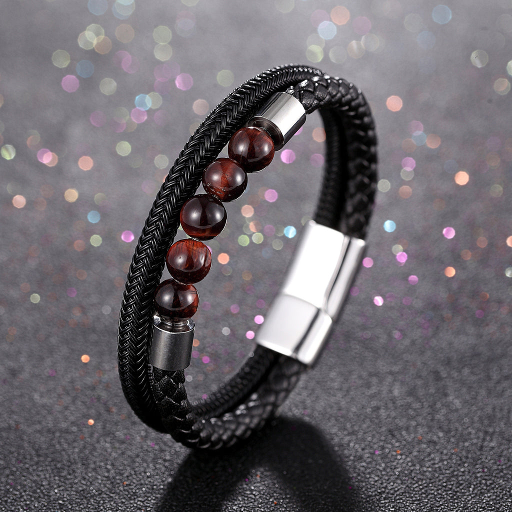 Men's Leather Bracelet Double Layer Bracelet Women's Stainless Steel Magnetic Buckle Bracelet Tiger Eye Stone Leather Bracelet