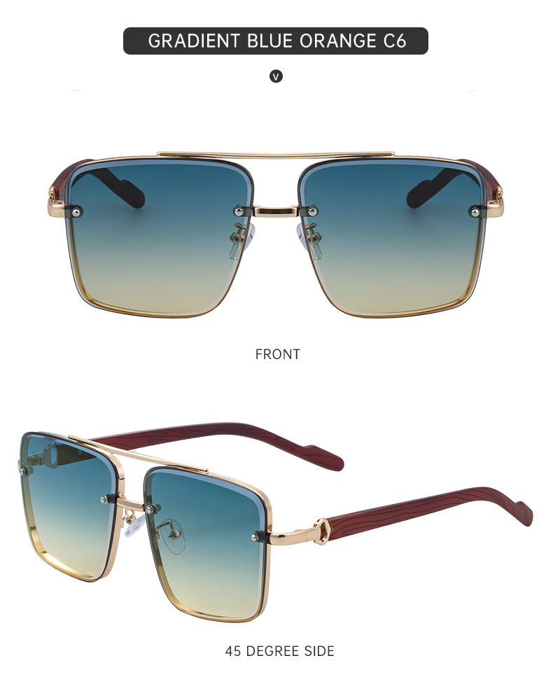 European and American Style Square Frame Cut Edge Sunglasses for Men with Imitation Wood Grain Temples, Men's Trendy Wholesale sunglass