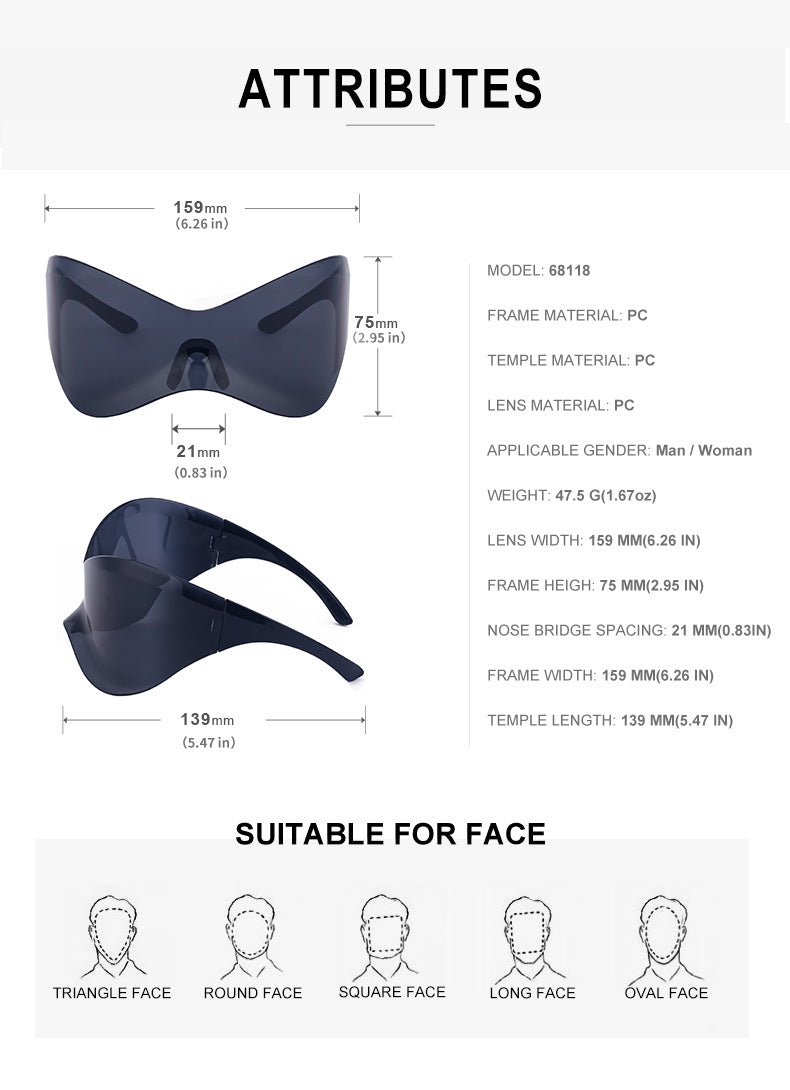 European and American Large Frame Sunglasses for Women, Trendy UV Protection Glasses with a High-End Feel Y2K Millennium Frameless Cycling Sunglasses for Men