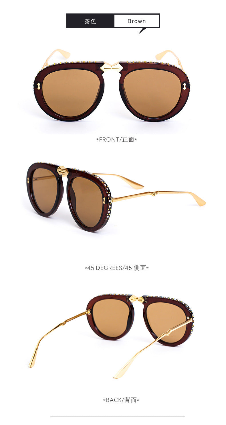 Diamond-Encrusted Foldable Sunglasses for Women Fashionable Internet Celebrity Style Sunglasses Artistic Bare-Faced Glasses Toad Glasses sunglasse
