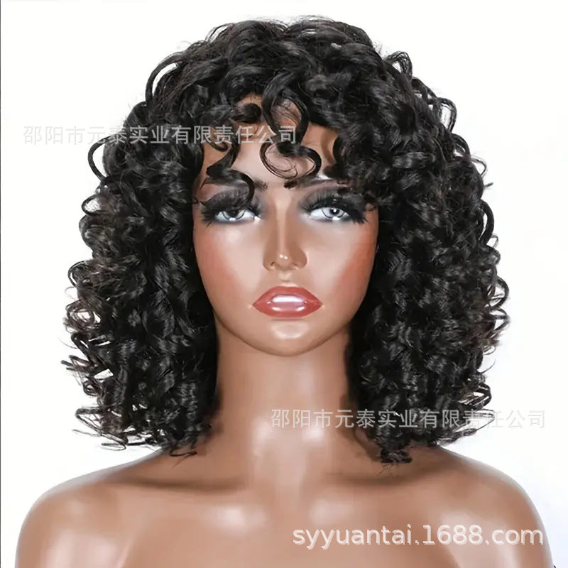 Bouncy Curly Human Hair Wig With Bangs Curly Synthetic Wigs