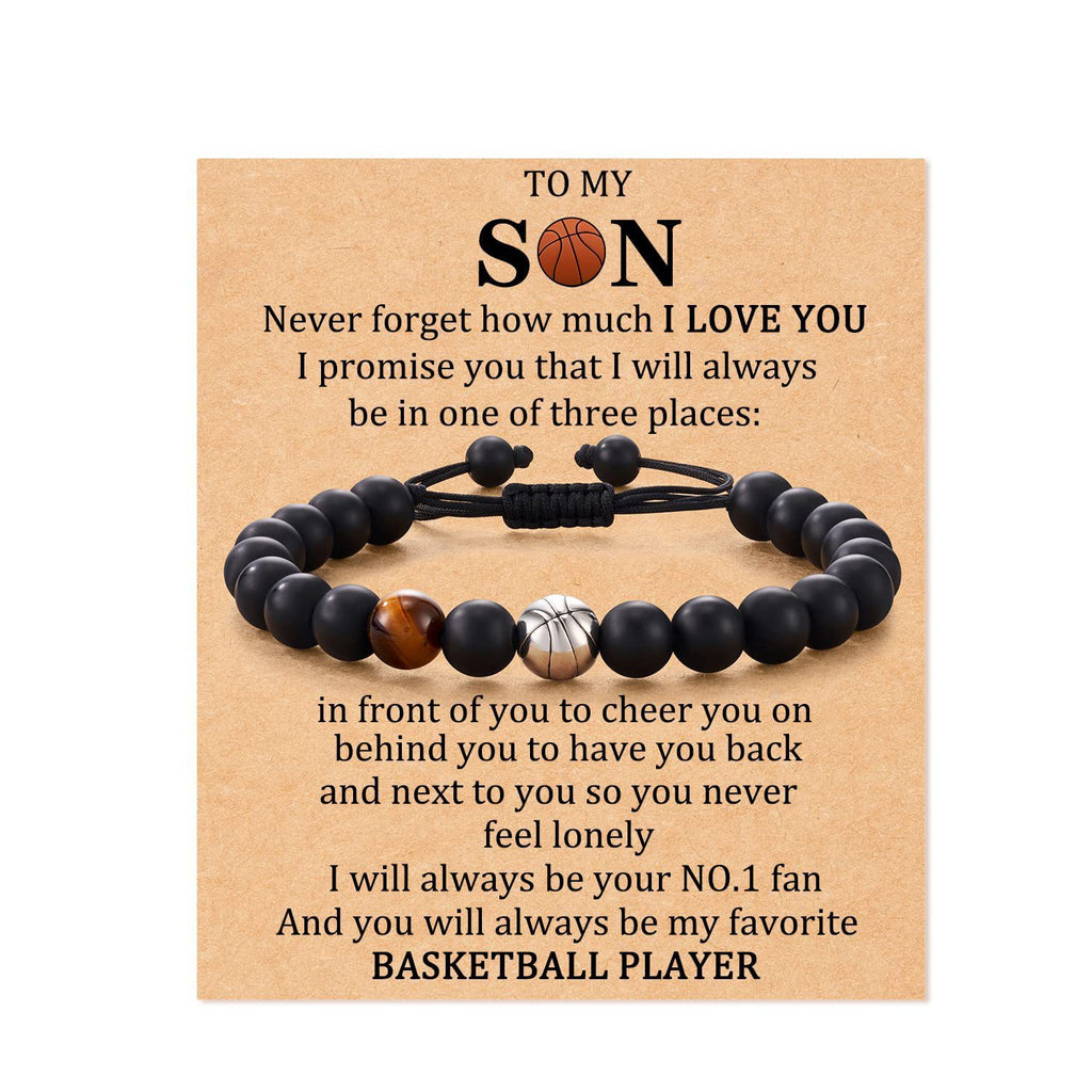 Football Beaded Bracelet to my son Gift Black Matte Coach Bracelet Tiger Eye Stone Baseball Woven Bracelet