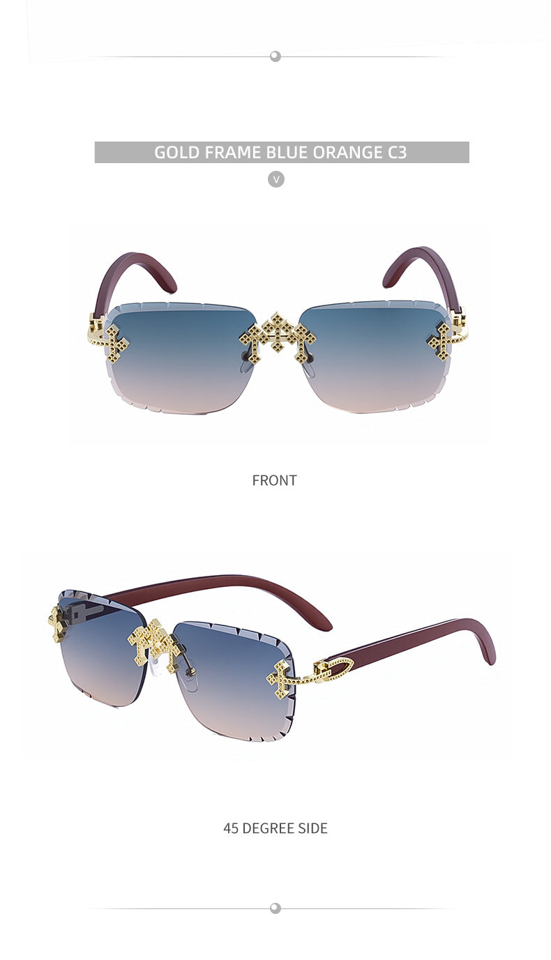 2025New European and American Retro Frameless Sunglasses for Men with Diamond Cut Edge and Imitation Wood Grain Temples Wholesale