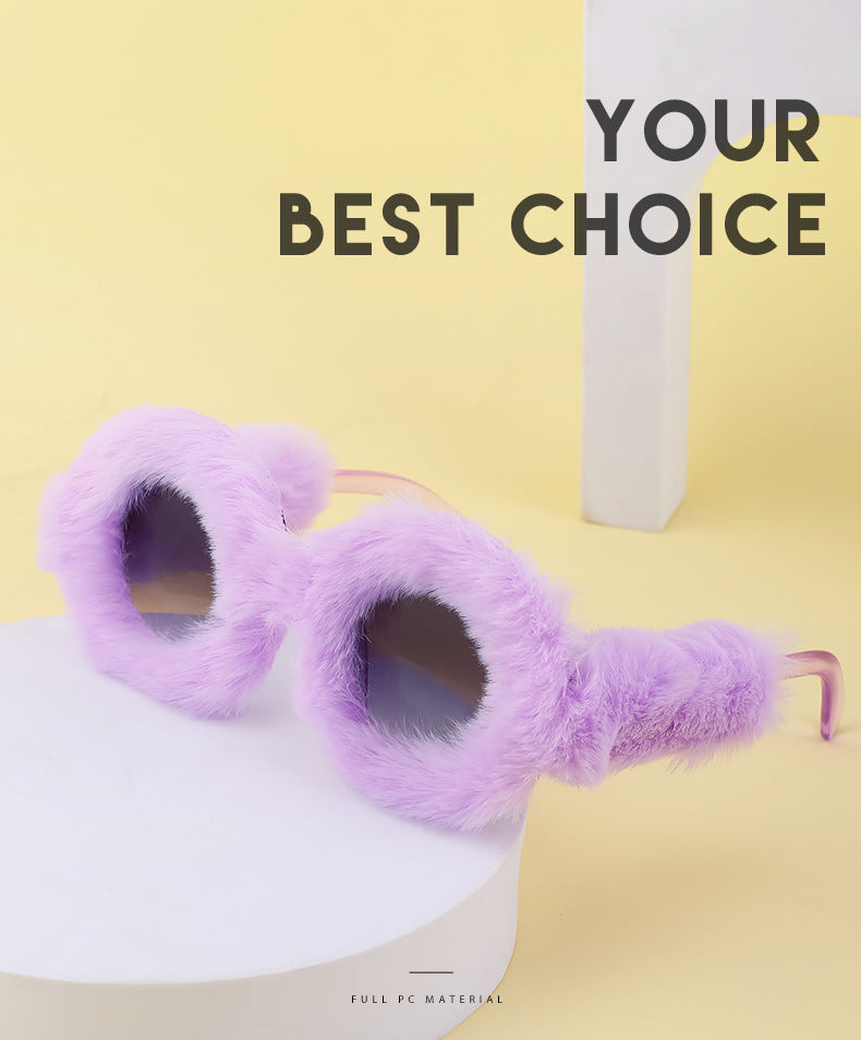 Full Coverage Plush Sunglasses Fashion Round Frame Women's Internet Celebrity Same Style Sunglasses Women's European and American Sunglasses