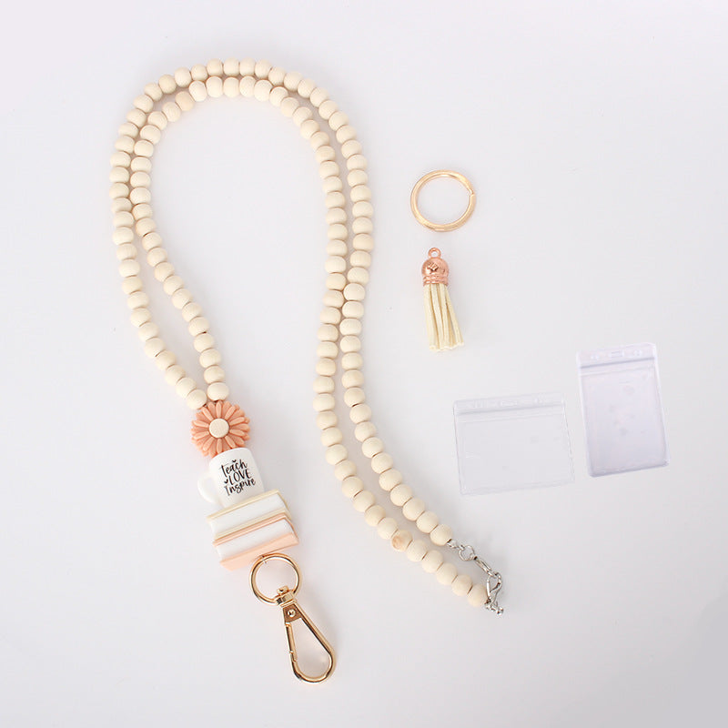 European and American Work ID Lanyard Necklace Silicone Water Bottle Book Pendant Teacher Appreciation ID Wooden Bead Necklace