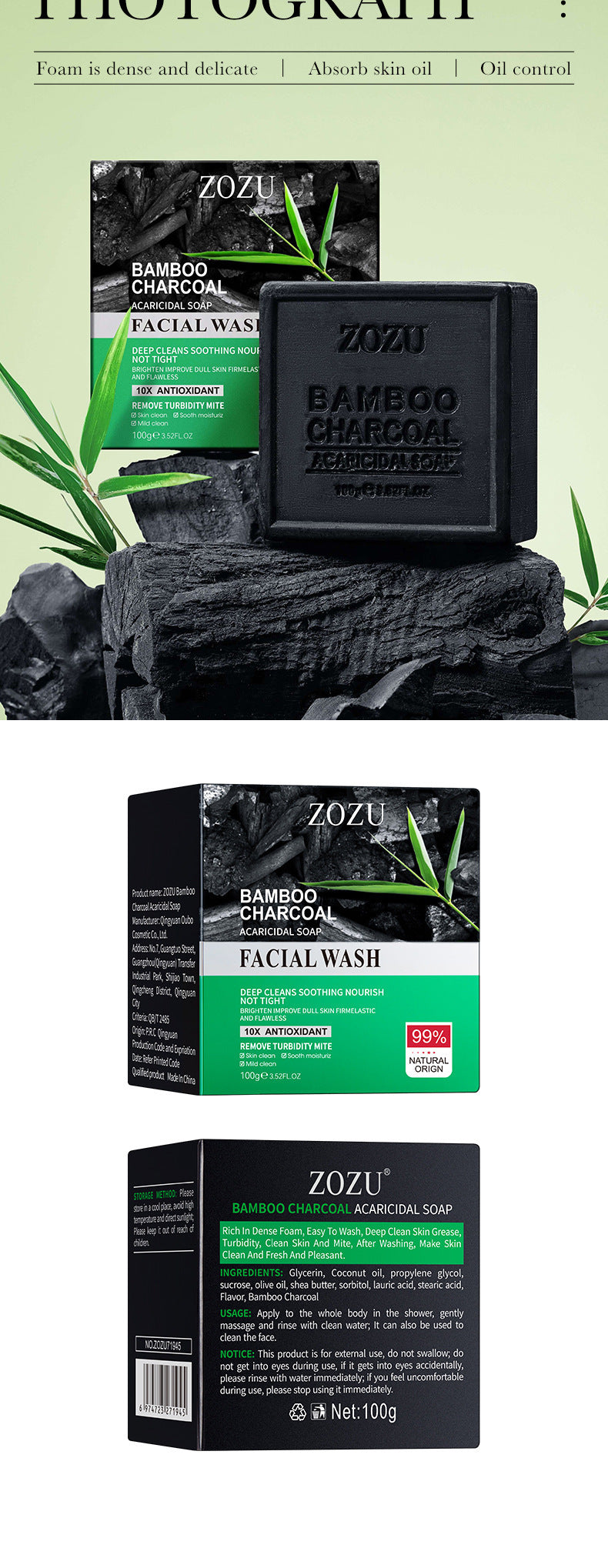 Bamboo Charcoal Soap100g ZOZU Cleansing, bathing, moisturizing essential oil soap  foreign trade wholesale