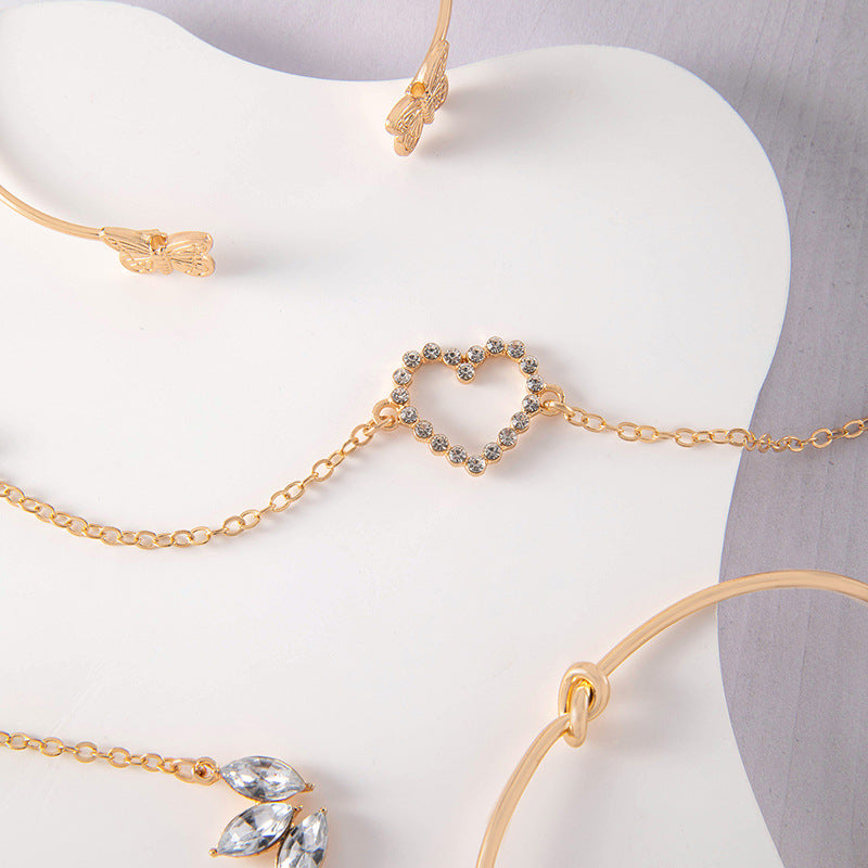 European and American Light Luxury Accessories Heart-shaped Leaf Inlaid Diamond Four-layer Bracelet Butterfly Knot Open Bracelet Set for Women