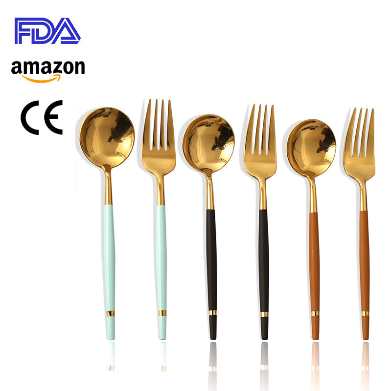 304Stainless Steel Portuguese Tableware Creative Lathe Craft Glossy Mirror Black Gold Round Spoon Dessert Spoon Fork