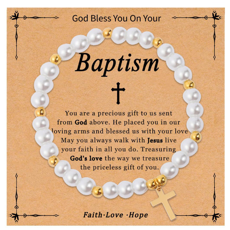 Imitation Pearl Holiday Bracelet Women's Gift Gold Bead Elastic Bracelet with Card Cross Easter Bracelet