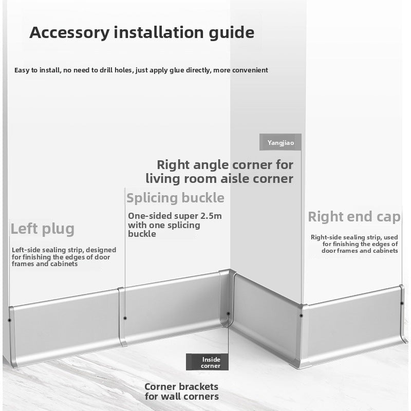 Aluminum alloy skirting board, ultra-thin snap-on minimalist corner trim6cm8cm Metal stainless steel ultra-narrow baseboard