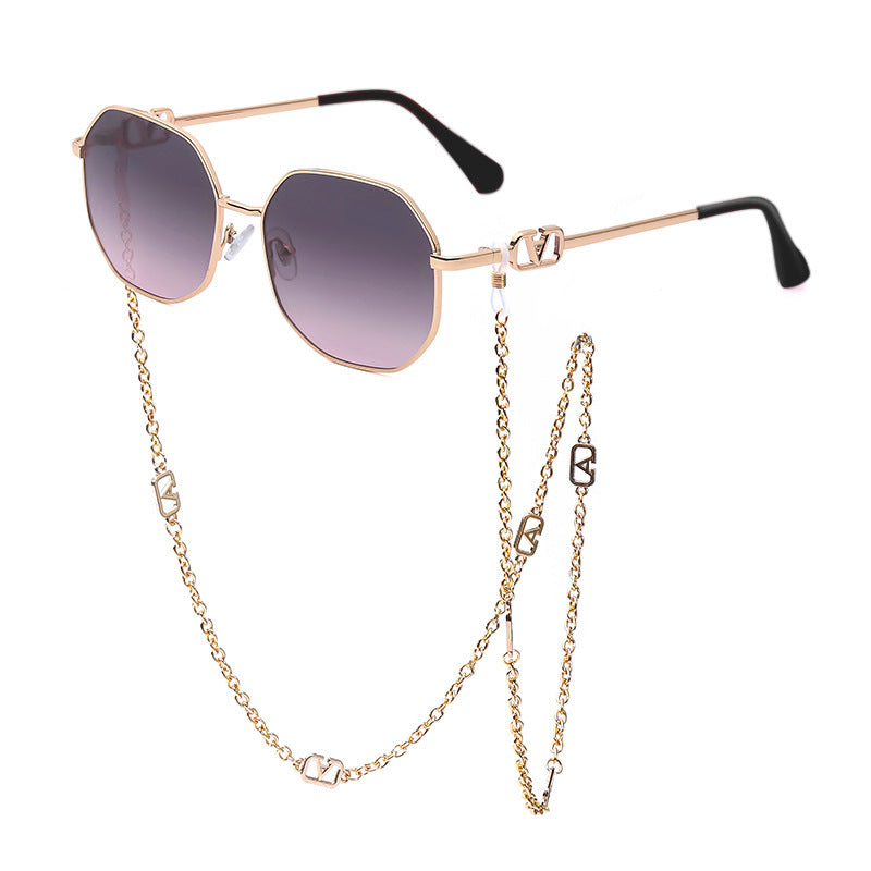 Chain Sunglasses for Women, Internet Celebrity Style, Anti-Drop Chain, Irregular Polygonal Full Frame Sunglasses for Women, Trendy