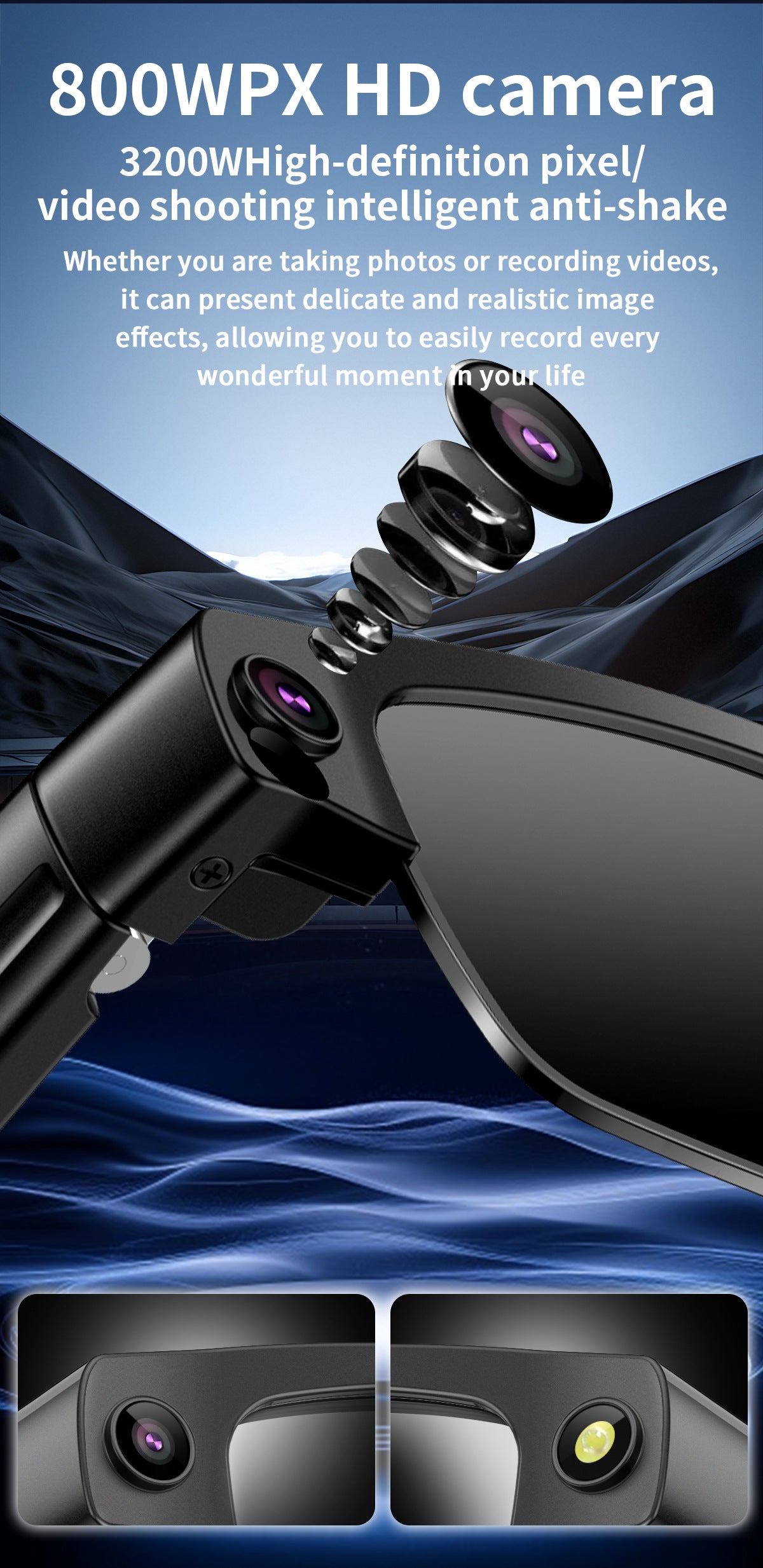 L802Smart Glasses800100 Megapixel Camera with Image Stabilization1200P Video Recording Half Frame Color Changing Sunglasses Translation