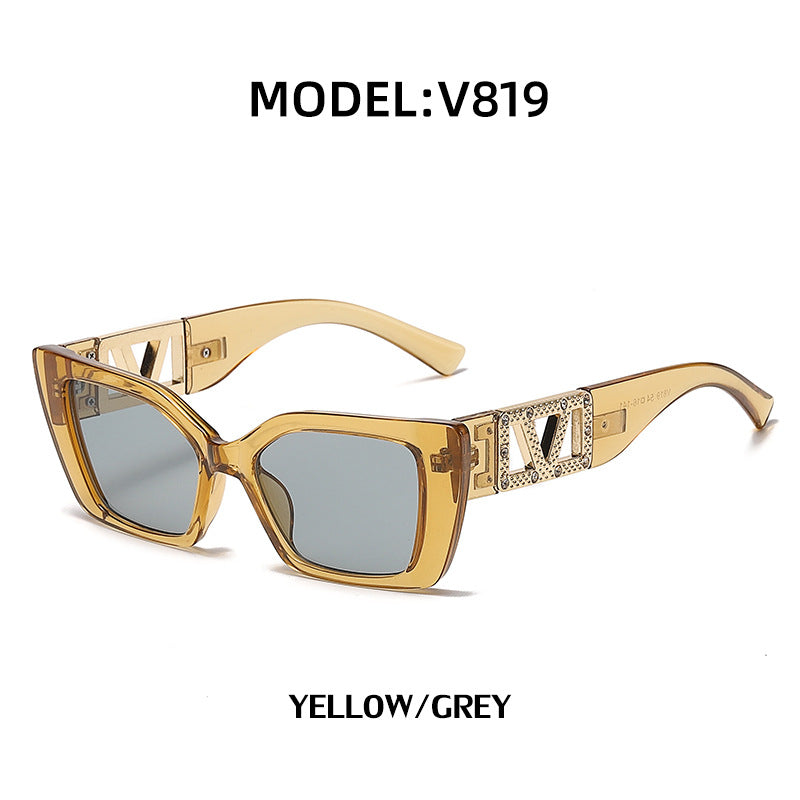 European and American Fashion Small Square Frame Sunglasses for Women, High-End Trendy Cat Eye Diamond-Studded Men's Driving Sunglasses