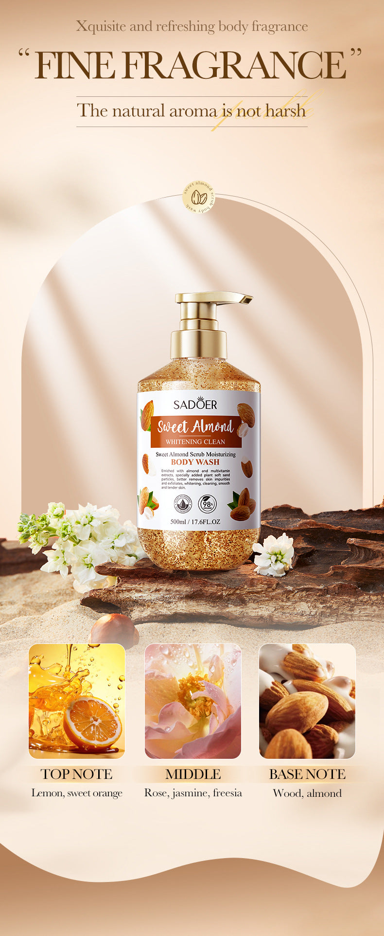 Full English Sweet Almond Whitening Scrub Body Wash500ml SADOER  foreign trade wholesale of cleansing body wash