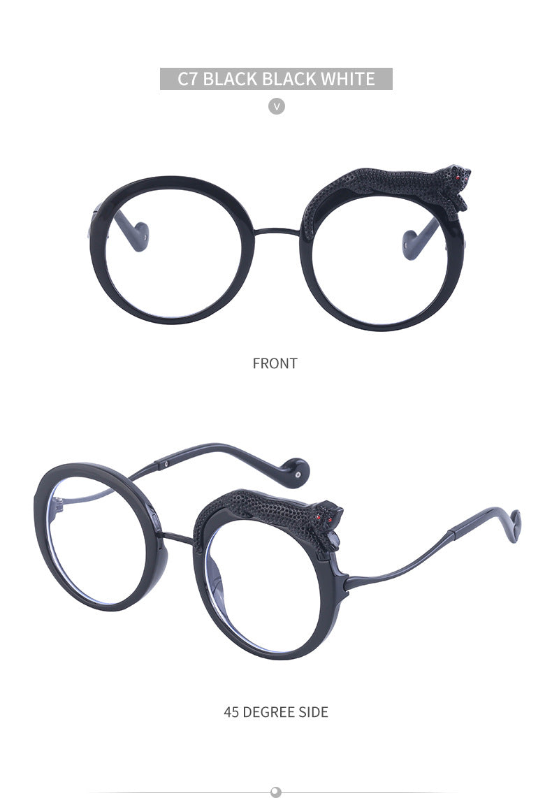 2025New Anti-Blue Light Glasses for Women Leopard Head Diamond-Studded European and American Round Frame Sunglasses Trendy Large Frame Sunglasses High-End Feel
