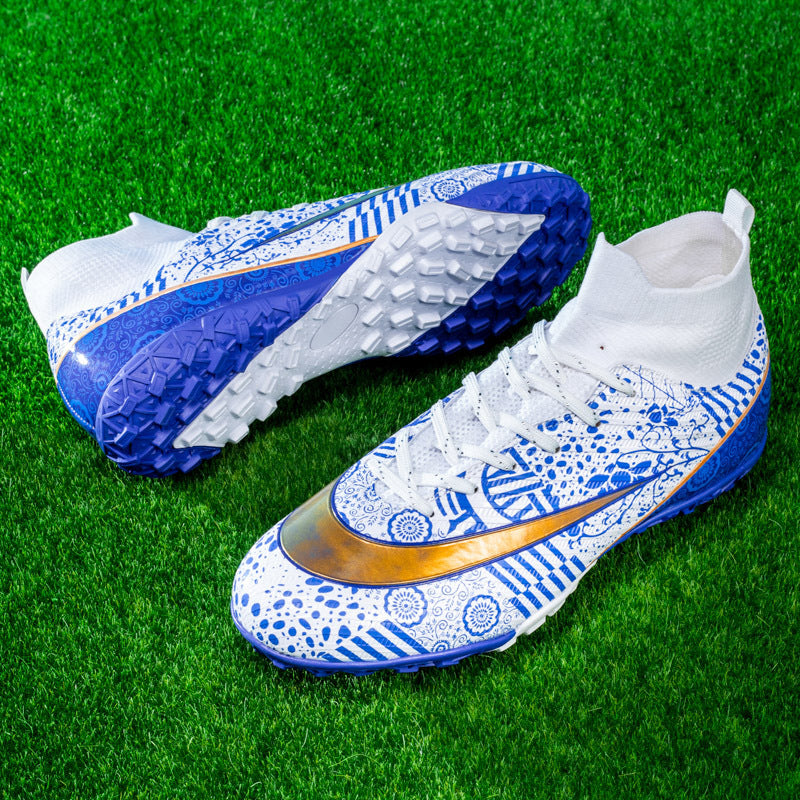 World Cup Same Style Blue and White Porcelain High-top Soccer Shoes for Men and Women, Children and Youth Competition Training Shoes