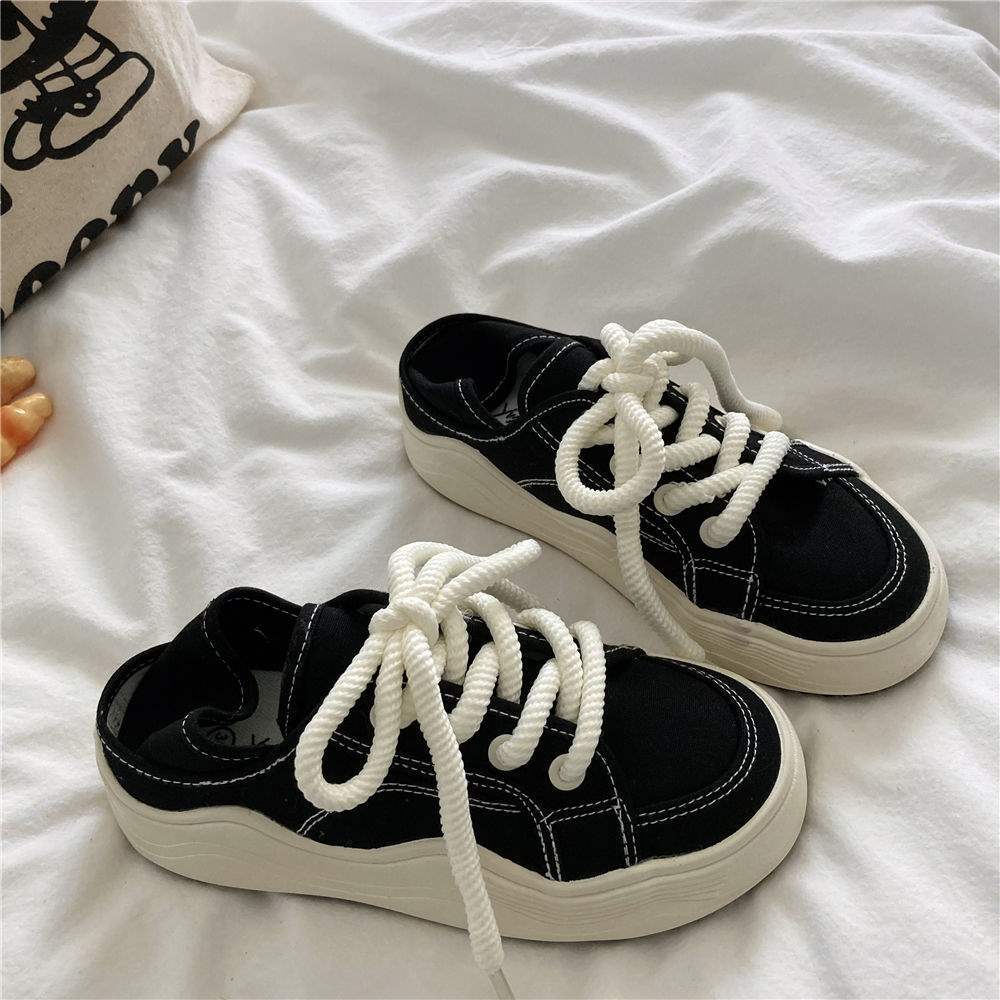 Honeydew Green~!Niche chic Korean Style Two-Way Canvas Shoes for Women, Summer Breathable Thin Versatile Thick-Soled White Shoes