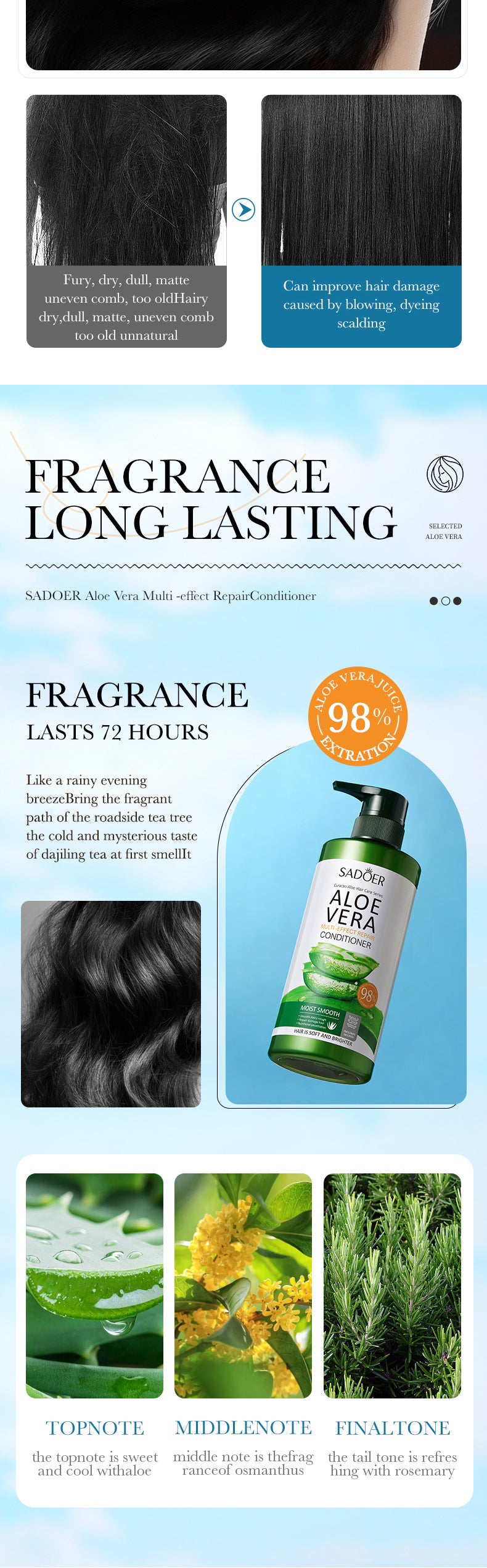 Aloe Vera Shampoo500ml SADOER Hydrating, cleansing, refreshing conditioner  foreign trade wholesale