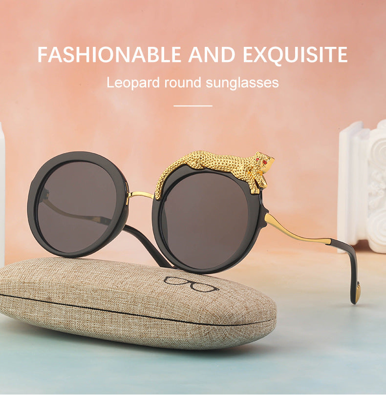 2025New Anti-Blue Light Glasses for Women Leopard Head Diamond-Studded European and American Round Frame Sunglasses Trendy Large Frame Sunglasses High-End Feel
