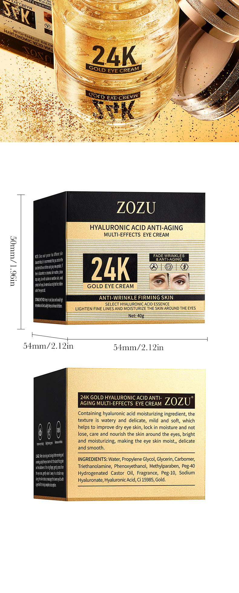 24K Gold Eye Cream ZOZU Hyaluronic Acid Improves Dark Circles and Eye Wrinkles  Wholesale
