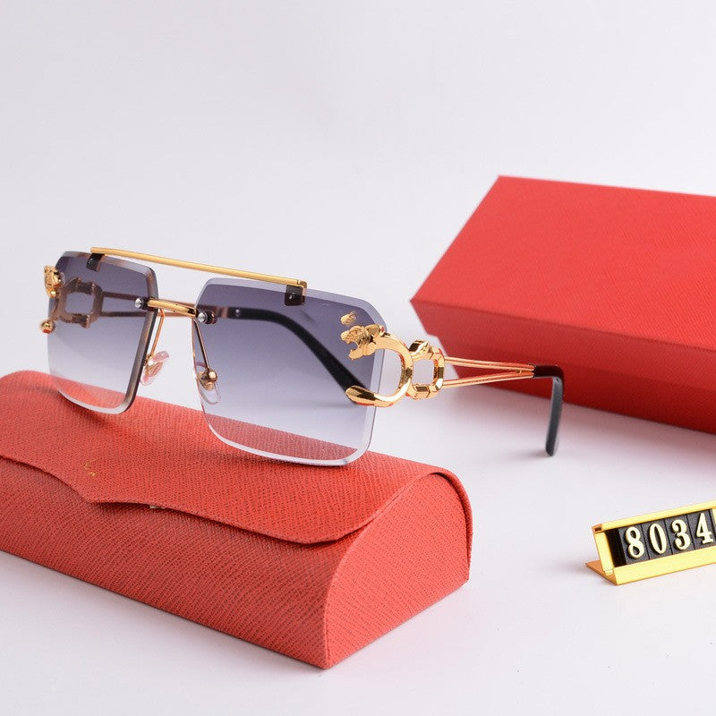 New Frameless Leopard Head Sunglasses for Women, Metal Double Bridge Frameless Sunshade Glasses, Trendy Men's Square Sunglasses