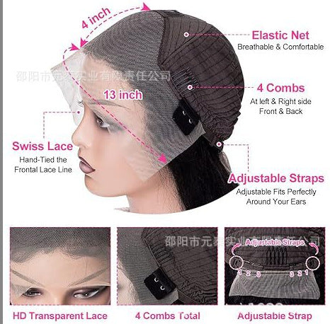 Cross-border Hot-Selling Forehead Hand-Crocheted Wine Red Wig 13*4 body wave front lace fiber w