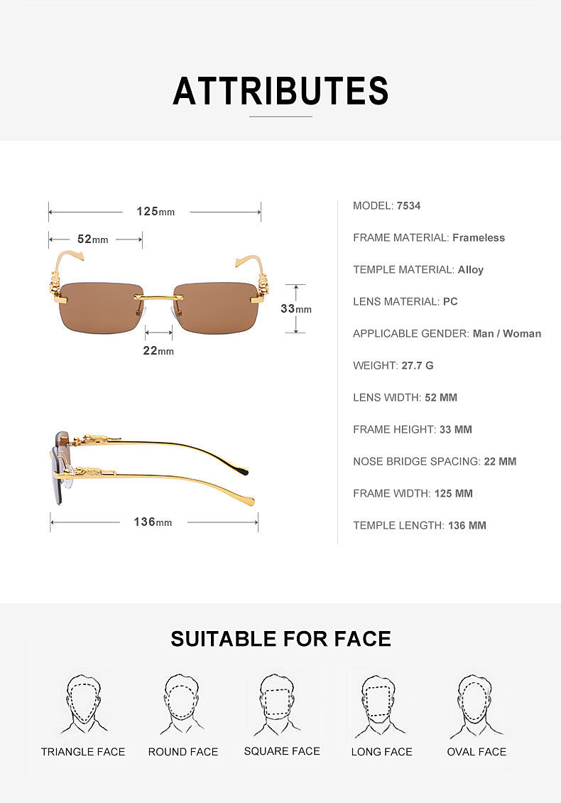New Fashion Small Frame Square Sunglasses Men's Sunglasses Women's European and American Trendy Rimless Sunglasses Men