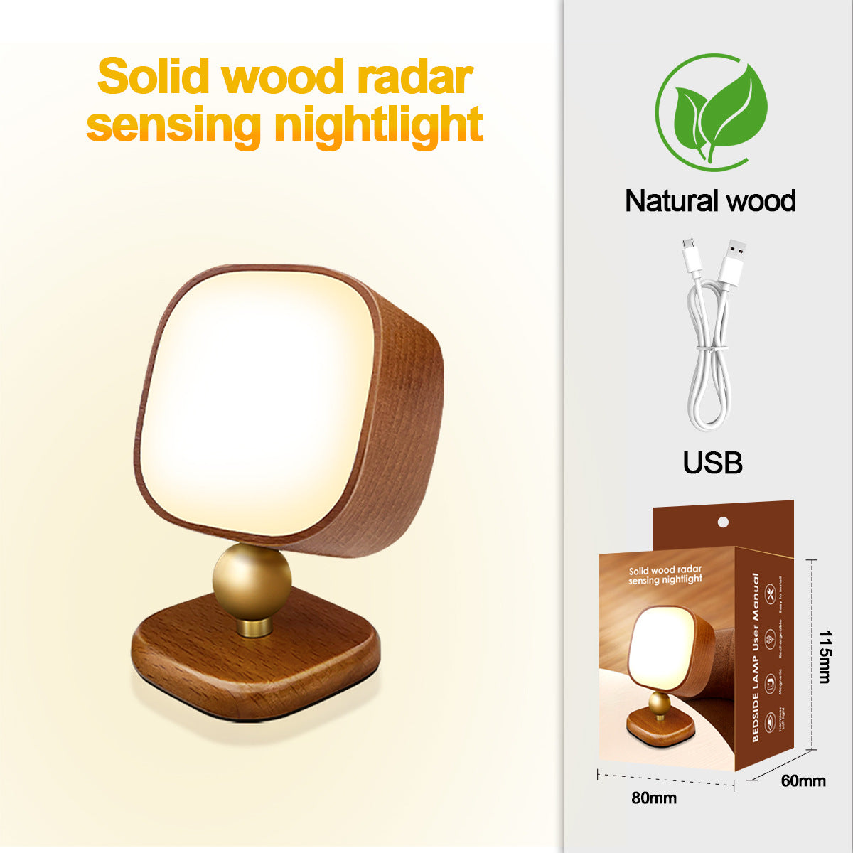 Square Solid Wood Sensor Light New Creative Cabinet Light Bedside Bedroom Smart LED Radar Human Body Night Light