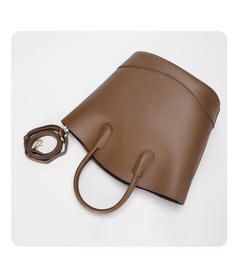 Vintage Large Capacity Commuter Tote Bag Cowhide Bucket Bag Crossbody Shoulder Bag for Women
